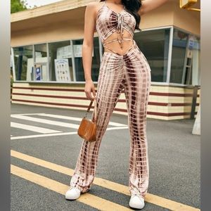 Tie Dye Drawstring Halter Top and Cut Out Pants Set